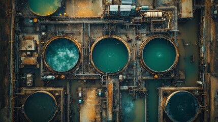 Poster - An aerial view of a chemical plant with multiple large tanks filled with green liquid.