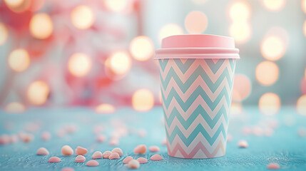 Colorful coffee cup with zigzag pattern on a pastel blue table and bokeh lights in the background