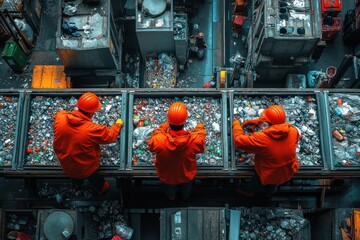 Wall Mural - Three workers in orange jumpsuits sorting through a conveyor belt of recycled materials at a recycling plant.