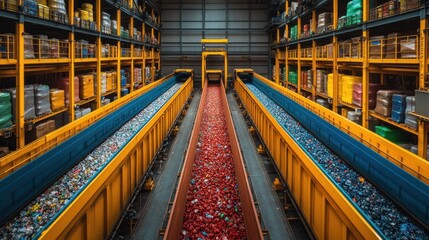 Sticker - A wide shot of a conveyor belt system in a factory with plastic bottles and caps moving along the belts.