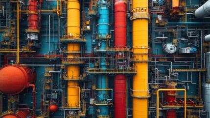 Poster - A complex network of pipes and tanks in a chemical plant, seen from above. The pipes are brightly colored in yellow, red, and blue.