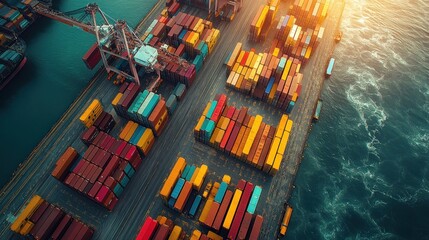 Sticker - Aerial view of a busy container port with ships, cranes, and rows of colorful cargo containers.