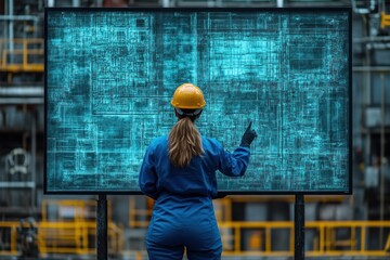 Wall Mural - A female engineer in a blue jumpsuit and yellow hard hat is looking at a large screen in a factory. The screen is displaying a complex network of data and information.