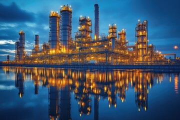 Poster - A large industrial complex with numerous towers and pipes is illuminated at night, reflecting in the water.