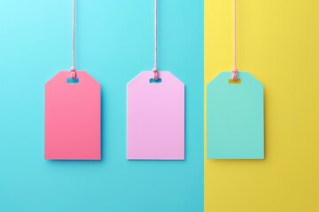 Three blank price tags hanging on a colorful background.  Perfect for product promotions or sale announcements.