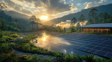 Sticker - Solar panels installed in a lush green landscape at sunset, reflecting in a pond with mountains in the distance.