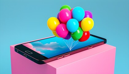 Vibrant smartphone showcasing colorful balloons on a blue backdrop, elegantly placed on a pink block