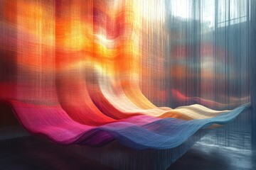 Wall Mural - Abstract art installation with colorful fabric drapes in a modern setting.