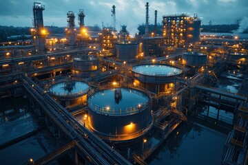 Poster - An aerial view of a large industrial complex at dusk, with numerous tanks, pipes, and structures illuminated by bright lights.