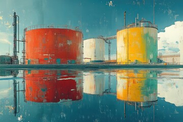 Canvas Print - Three large industrial tanks with red, yellow, and white paint stand next to a body of water reflecting the tanks.