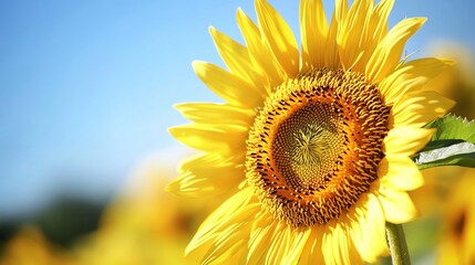 A vibrant sunflower in full bloom, showcasing its bright yellow petals against a clear blue sky, symbolizing summer and vitality.