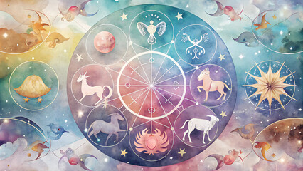 Astrological wheel with zodiac signs, mystical background, colorful illustration, astrology, spirituality
