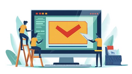 tiny people examining operating system error warning on web page isolated flat vector illustration. 