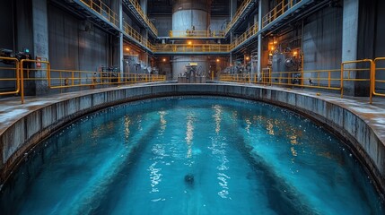 Poster - A large, circular pool of water inside a massive industrial complex. The pool is surrounded by a metal platform with yellow railings.