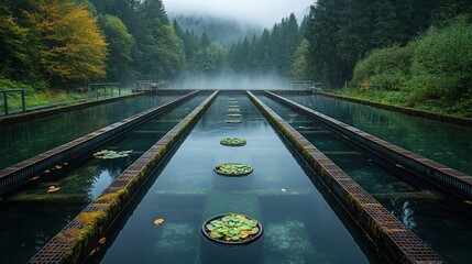 Wall Mural - A long, narrow, and misty pathway of clear water lined by concrete walls and floating green lily pads on a foggy autumn morning.