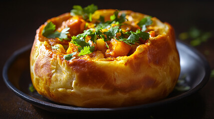 closeup of a delicious stuffed bread bowl with curry and cilantro garnish - bunny chow