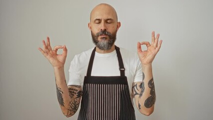 Sticker - Meditation gesture by a bald man wearing apron and standing calmly with eyes closed, over isolated white background - yoga and relaxation concept