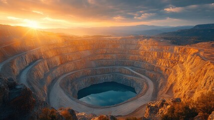 Poster - A large, circular quarry with a lake at the bottom, reflecting the sunset. The quarry is surrounded by mountains and the sky is filled with dramatic clouds.