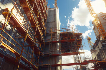 construction scaffolding and crane against a blue sky with clouds in a city setting.