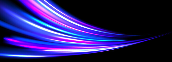 Poster - Glowing neon light trail background. Bright blue purple speed lines. Magic luminous curved swirl concept. Abstract bent dynamic moving stripes. Bright streaks for poster, banner, flyer. Vector