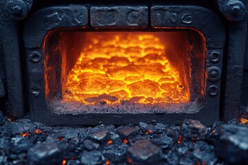 Wall Mural - Close-up of a glowing furnace with hot coals inside.