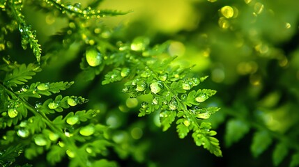 Sticker - Close-up of fern leaves with dew drops.