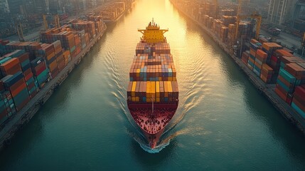 Sticker - A large cargo ship navigates a narrow channel, surrounded by rows of colorful shipping containers on both sides. The sun shines brightly in the background.