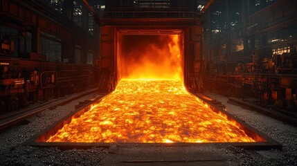 Wall Mural - Molten metal flowing from a furnace in a steel mill.