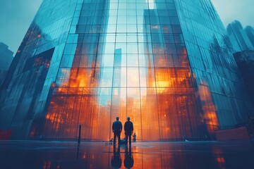 Sticker - Two businessmen stand in front of a large glass building with a sunset reflecting in the windows.