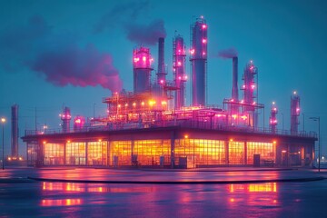 Poster - A large industrial complex with towering structures and illuminated windows, glowing with a pink and orange light against a dark blue night sky.