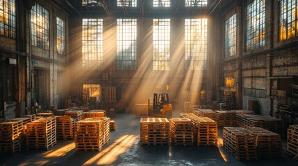 Sticker - Sunlight streams through large windows in an industrial warehouse, illuminating stacks of wooden pallets and a forklift.