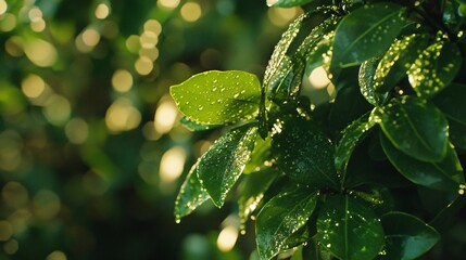 Sticker - Close-up of green leaves with dew drops, sunlight shining through.