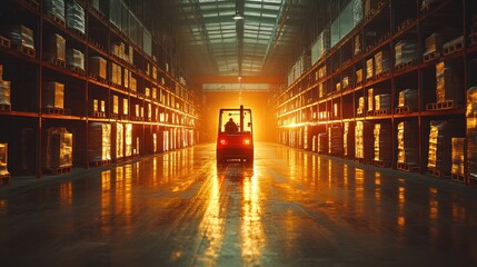 Canvas Print - A forklift drives down the center aisle of a large warehouse, with rows of stacked boxes on either side. The forklift is silhouetted against a bright light at the end of the aisle.