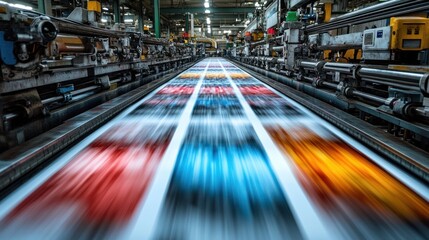 Sticker - A close-up view of a printing press in action, with sheets of paper moving quickly along the conveyor belt, showcasing the printing process.