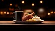 © KN Studio - Fried Chicken Feast: A mouthwatering plate of crispy fried chicken, creamy mashed potatoes, and golden-brown fries, all served with a steaming cup of coffee in a cozy, dimly lit setting.