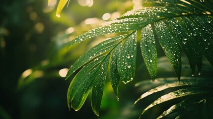 Sticker - Close-up of green leaves with water droplets.