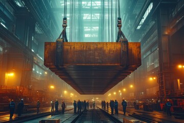 Canvas Print - A large metal plate is being lifted by a crane in a factory, with workers standing in the foreground.