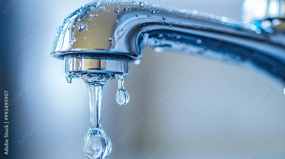 A close-up of a dripping faucet with water droplets hanging ...