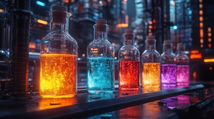 Sticker - Five glass bottles with glowing liquids, cork tops, on metal shelf. Futuristic city background.