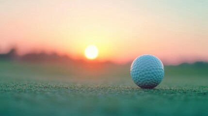 The golf ball sits poised on a tee as the sun rises, illuminating the tranquil golf course with warm hues