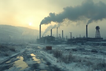 Poster - A snowy industrial landscape with smoke plumes rising from factory chimneys against a hazy sunrise sky.