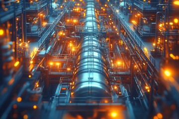 Canvas Print - A close-up view of a large industrial pipe running through a network of pipes and walkways. The pipe is lit up with warm orange lights.