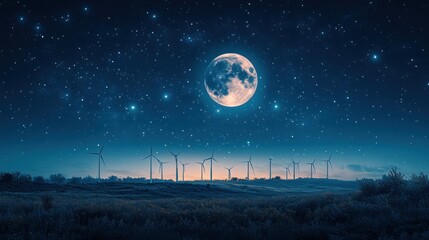 Poster - A field of wind turbines silhouetted against a full moon and starry night sky.