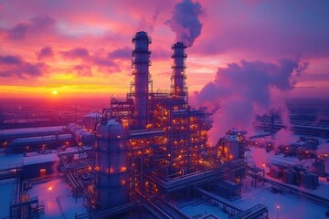 Poster - A large industrial plant with tall chimneys and smokestacks spewing out emissions into the pink and orange sunset sky. The plant is illuminated by lights, and the ground is covered in snow.