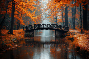 Sticker - A bridge over a river with leaves on the ground