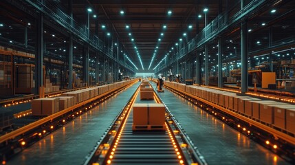 Wall Mural - A long conveyor belt in a warehouse with workers moving boxes.