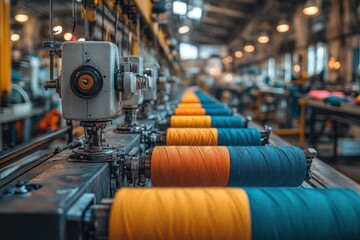 Poster - Close-up of an industrial sewing machine with spools of yellow, orange, and blue thread.