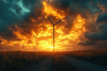 Poster - A single wind turbine stands tall against a fiery sunset sky, with a dirt road leading to its base.