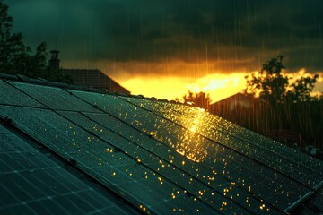 Poster - Solar panels on a roof during a rainstorm with a golden sunset in the background.