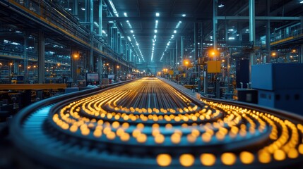 A modern factory with a conveyor belt carrying glowing metal balls.